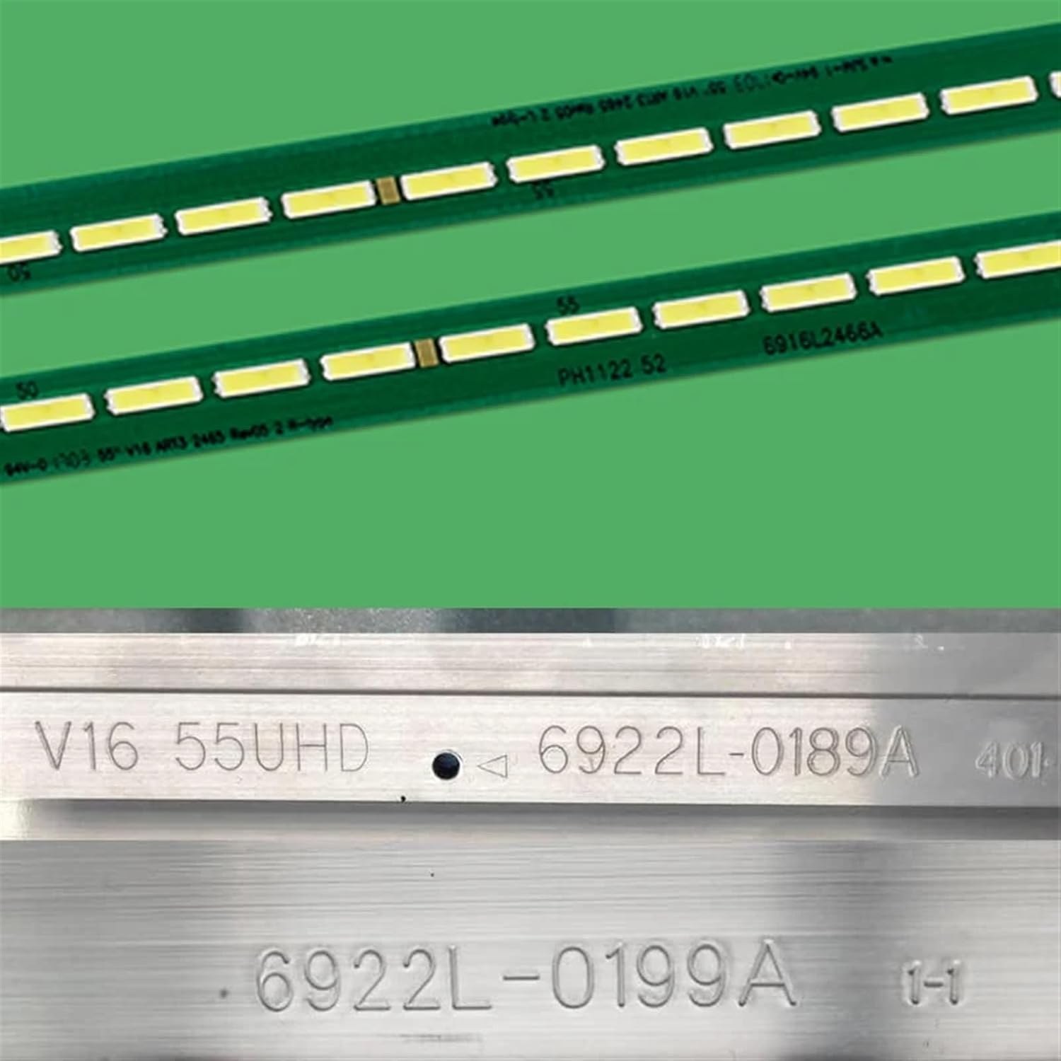 Close-up of an LED backlight strip showing part numbers like 6916L2466A and V16 55UHD.