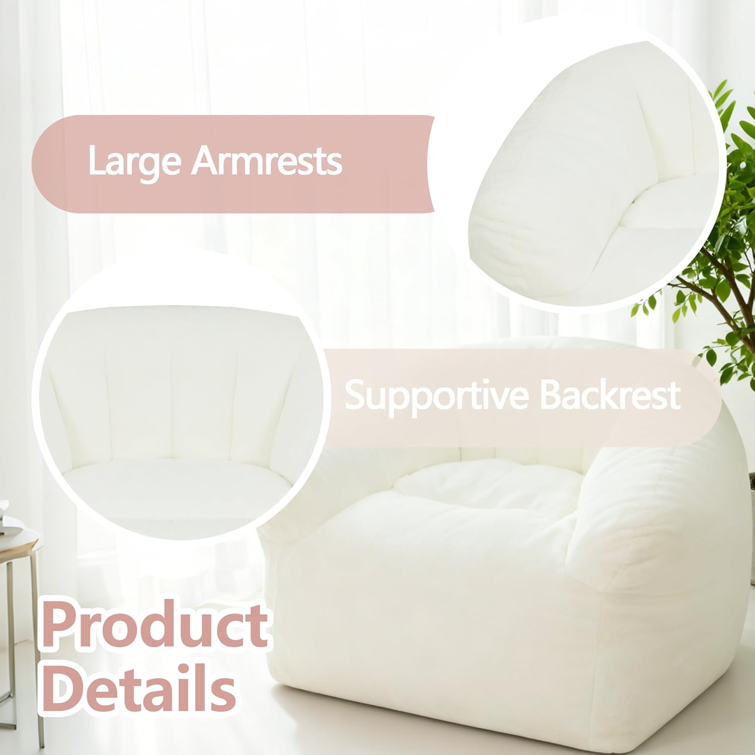 4ft Giant Bean Bag Chair with Filler Included - Premium Faux Fur Beanbag with Armrests, Comfy Floor Sofa for Adults Teens, Living Room Dorm, Ivory White