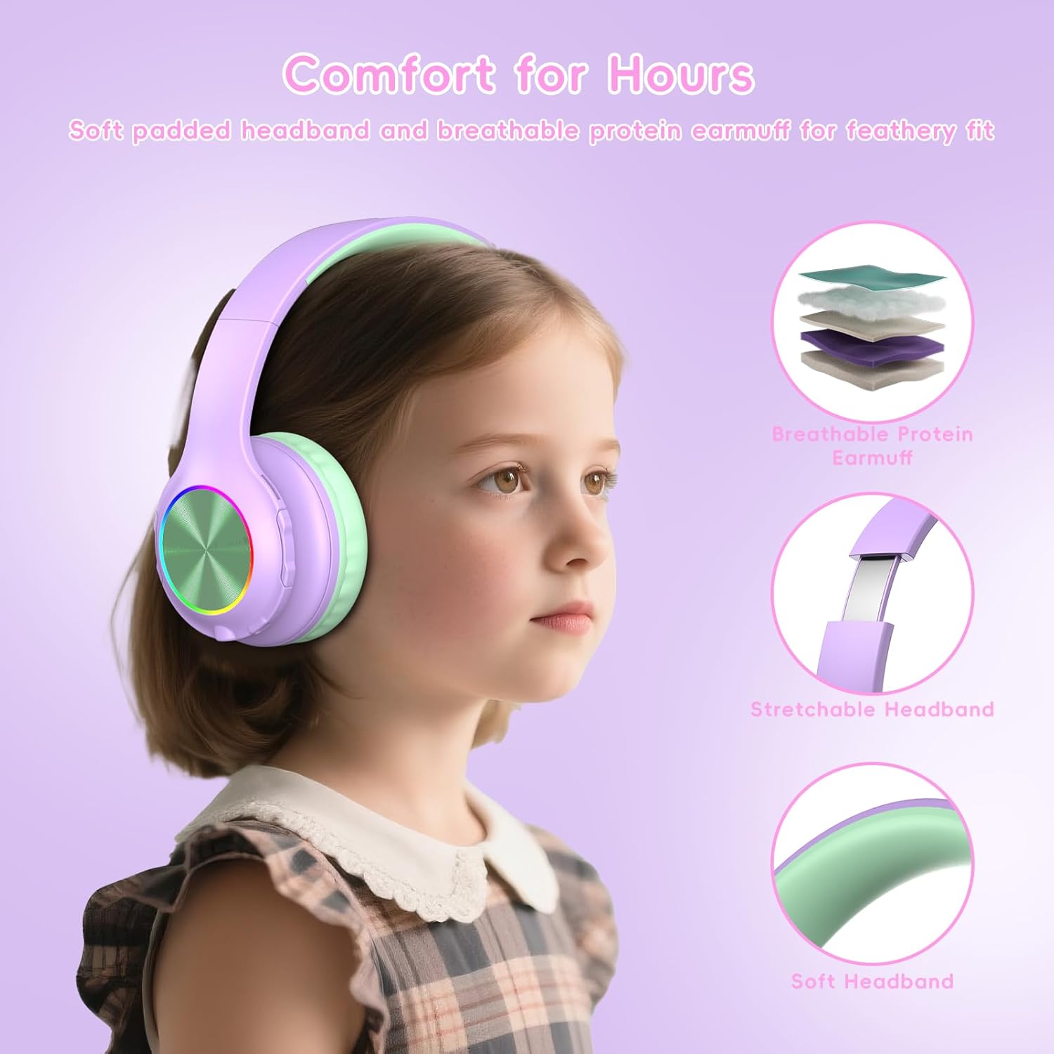 Candy Bila Kids Bluetooth 6.0 Headphones with LED Light, 85Hours Playtimes, Type-C Fast Charging, 85/94dB Volume Limited, Comfort Headphones with Built-in Mic, Wired & TF Card Mode,Green and Purple