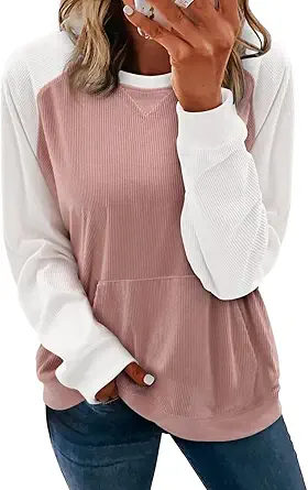 KISSMODA Women's Casual Long Sleeve Sweatshirt Color Block/Solid Crewneck Corduroy Pullover Cute Tops