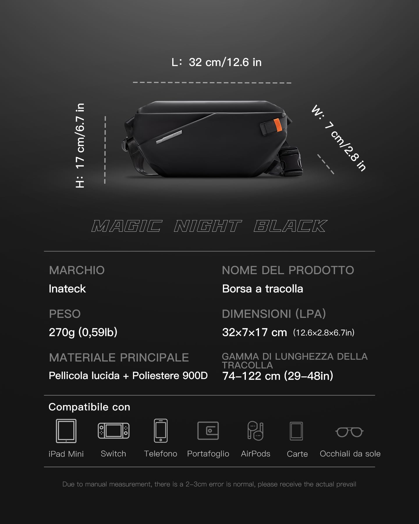 Inateck Sling Bag X-Lite, 3.8L Crossbody Borsa a Spalla Tracolla Leggera con Cinturino Regolabile, Resistente all'Acqua per Uomo e Donna, Ciclismo, Lavoro, Sport e Escursionismo