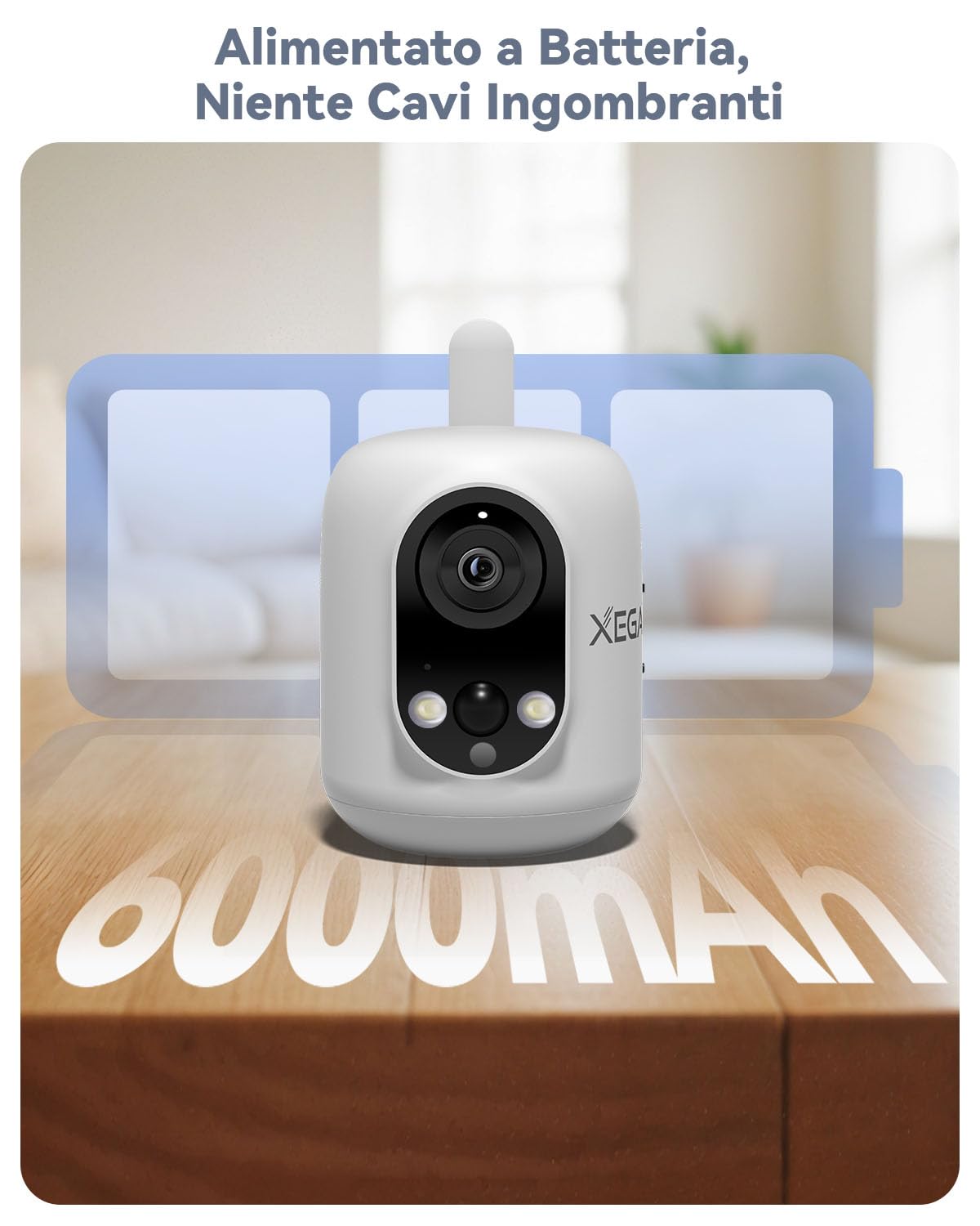 Xega 4G Telecamera Interno con SIM Senza Fili,2K 3MP Videocamera Senza WiFi | per Neonati/Animali Domestici/Anziano,355°P/60°T,Batteria 6000mAh,Rilevamento PIR, TF/Cloud,Non Resistente all'Acqua