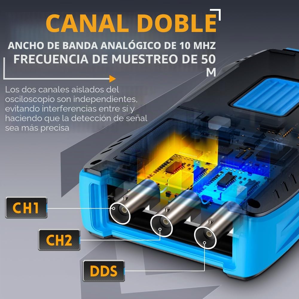 Osciloscopio Multímetro 3 en 1 USB 2 Canales 10MHz Ancho de Banda 50MSa/s Frecuencia de Muestreo 9999 Recuentos, Con Sonda de Pinza de Cocodrilo Roja Negra Pluma