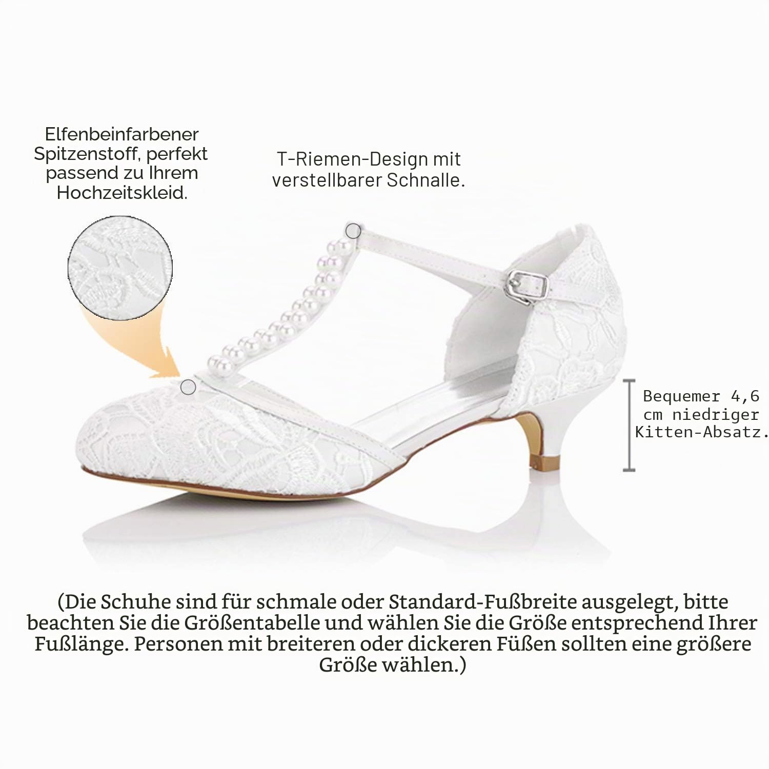 JIAJIA 01129 Damen Brautschuhe Geschlossene Zehe T-Riemen Niedrige Ferse Spitze Satin Pumpen Nachahmung Hochzeitsschuhe