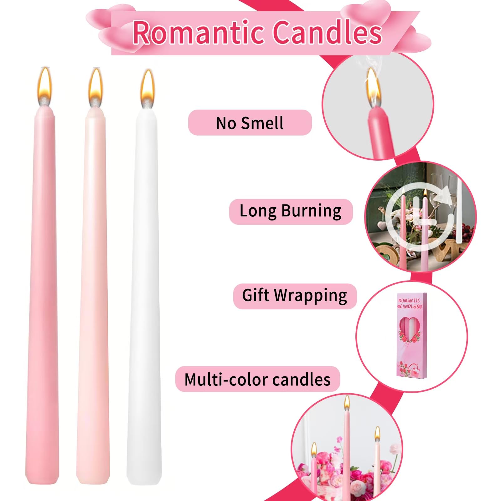 5 Pcs Romantic Taper Candles, 10Inch Dripless Taper Candle 5 Color Tapered Candles Smokeless & Unscented Hand Poured Tall Candlestick Long Burning, Ideal for Weddings, Dinner Parties and Home Decor