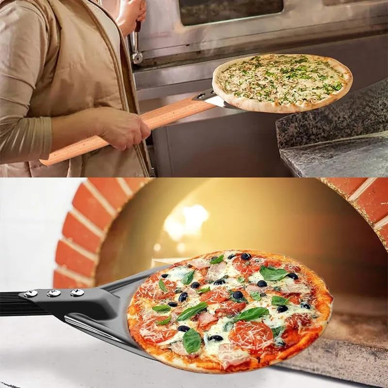 Pala Pizza Pala giratoria for pizza redonda de 7/9/12 pulgadas, aluminio perforado, con mango largo, accesorios for horno(12 inch Metal Handle)
