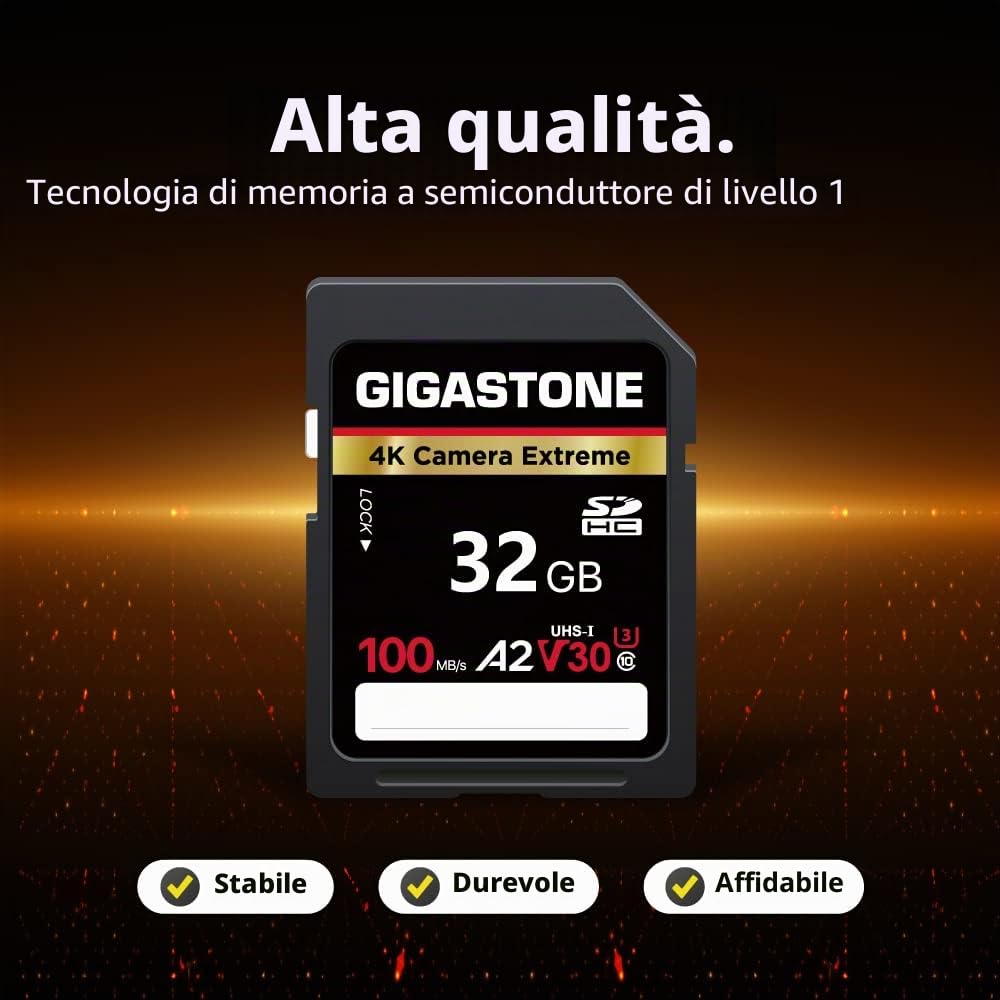 GIGASTONE A2 V30 Scheda di Memoria SDHC 32 GB, Set da 2, 4K Camera Extreme, Velocità 100 MB/s per Fotocamera Canon Nikon Sony Panasonic, U3 UHS-I Classe 10 per 4K UHD Video, con 2 mini custodie