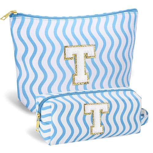 SEFORICO Personalisierte Kosmetiktasche Damen Mädchen - Geburtstagsgeschenke für Frauen A-Z Schminktaschen 2 Pack Reise Kosmetiktaschen Geschenke für Teenager Mädchen, Beste Freunde, Schweste(Blau T)