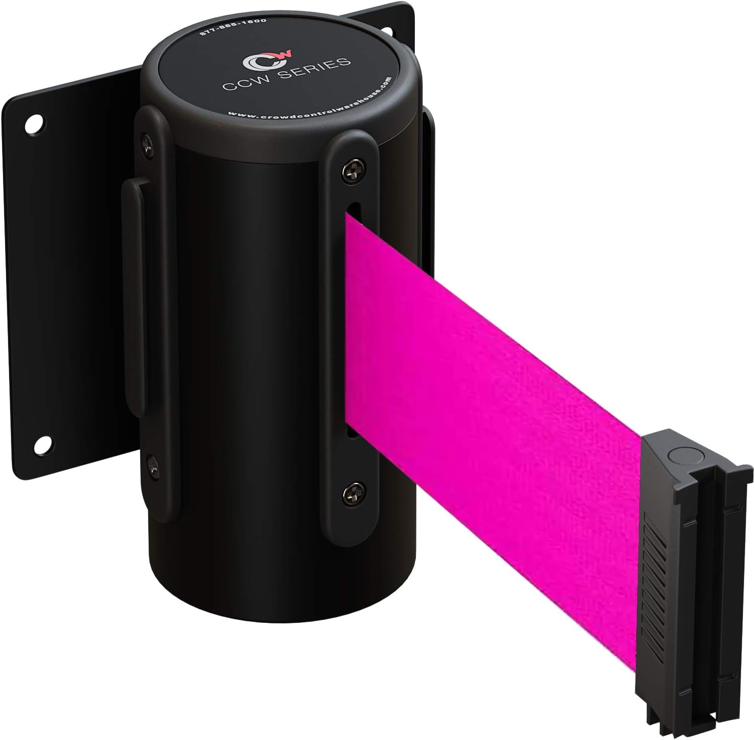 CCW Series WMB-125 Fixed Wall Mount Retractable Belt Barrier 11 Foot with Black Steel Case (Fluorescent Pink Belt)