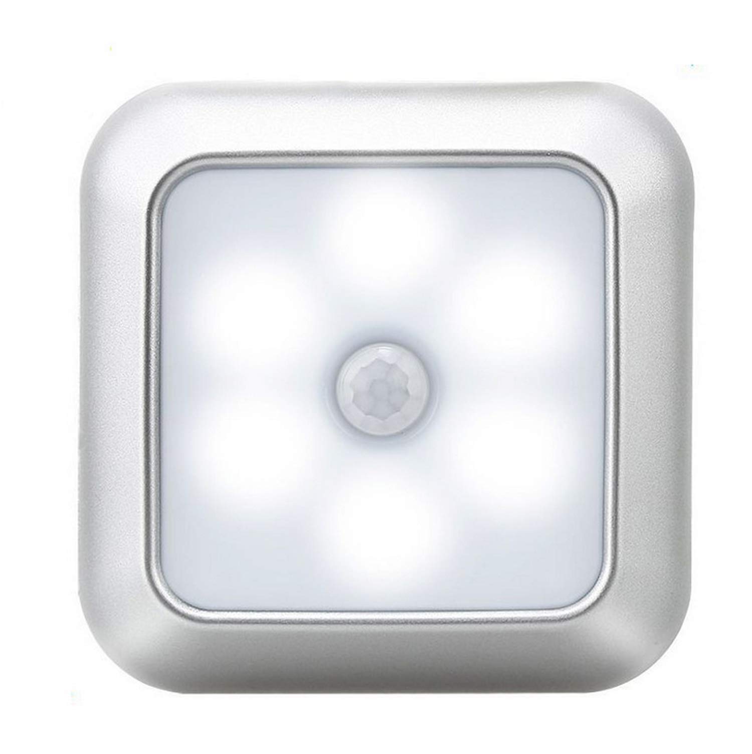 Ausuky Silver Frame White Light Wall Night Light Cabinet Closet Bulb Lamp 6 Leds Motion Sensor Stair Wireless Lamp (Silver Frame White Light)