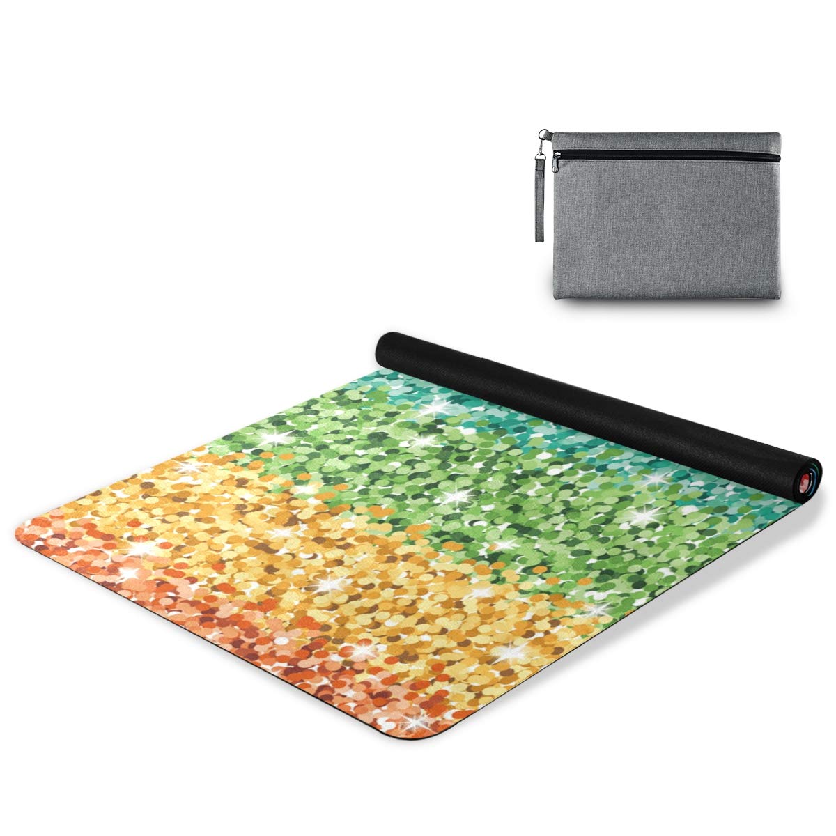 MOYYO Multicolor Sparkle Rainbow Glitter Yoga Mat Printed Suede Natural Rubber Thin Hot Yoga Mat Non Slip Sweat Fitness Mat 71x26 Inch Portable Travel Yoga Mat for Yoga Pilates and Floor Exercises