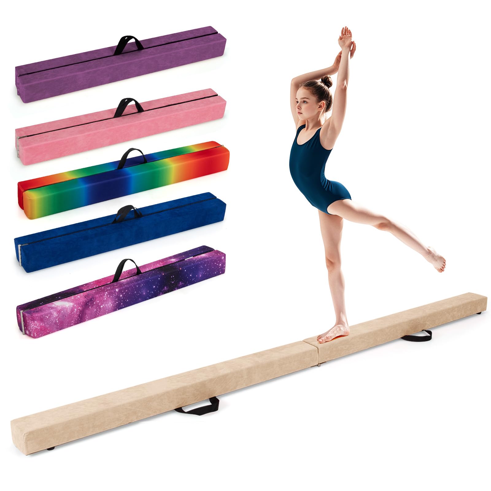 COSTWAY Folding Gymnastics Balance Beam, 7FT/8FT/9FT Kids Training Beam with Carry Handles, Anti-Slip Base, Floor Gymnastics Beams for Home Gym Exercise (Brown, 240cm)