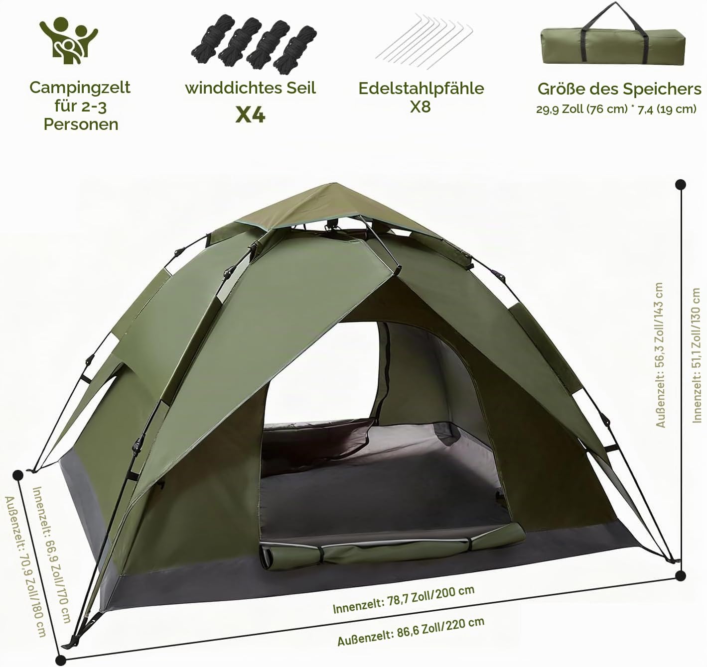 Pop-up Kuppelzelt für 2–3 Personen, wasserdichtes Kuppelzelt mit Doppelwand & Abnehmbarer Außenplane, schnell aufbaubares Zelt für Camping, Wandern & Outdoor, Kuppelzelt