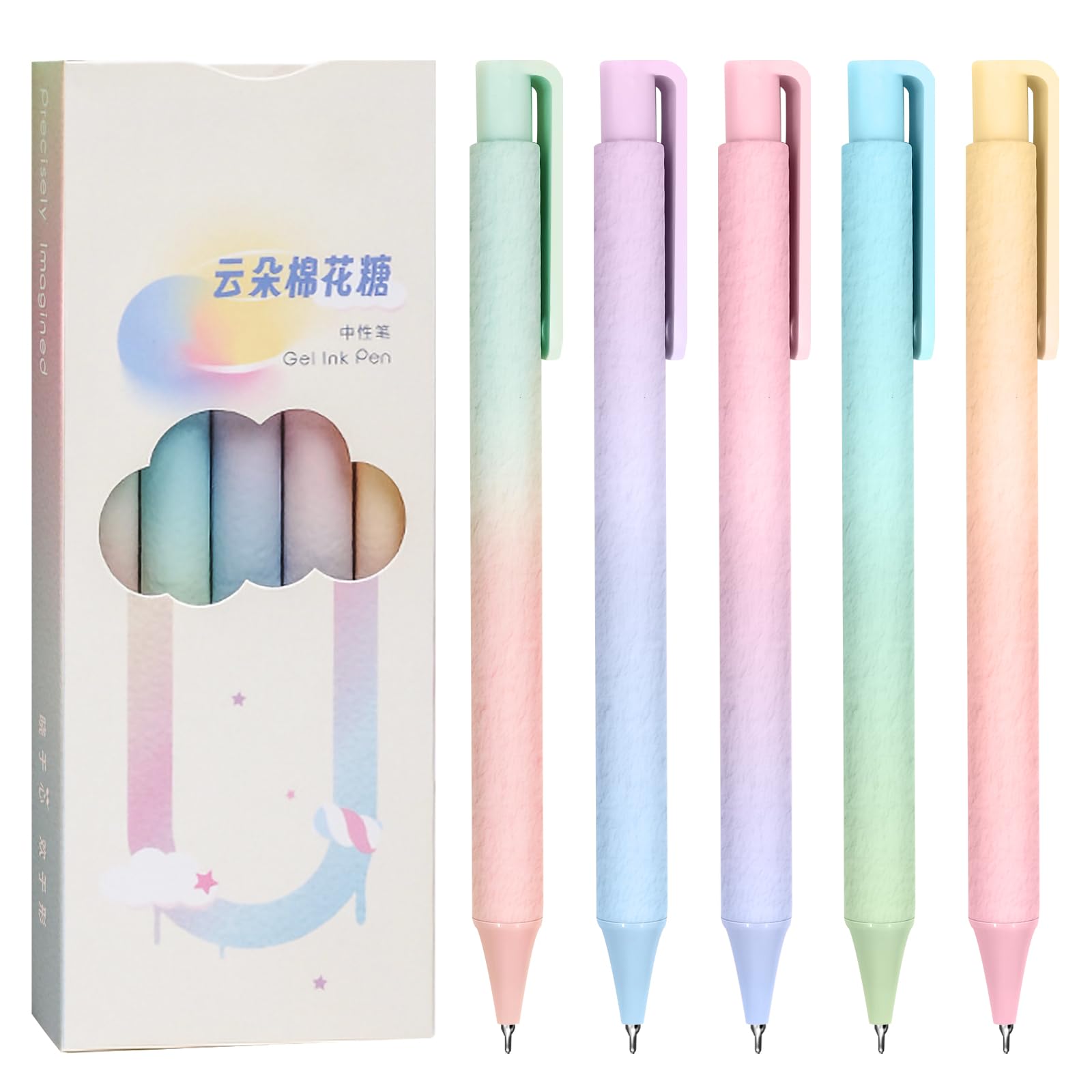 Gel Pens, 5Pcs 0.5mm Black Ink Pens Retractable Pen Fine Point Smooth Writing Quick-Dry Pens for Journaling and Note Taking, Aesthetic Gradient Color Pens Gift for Women and Students
