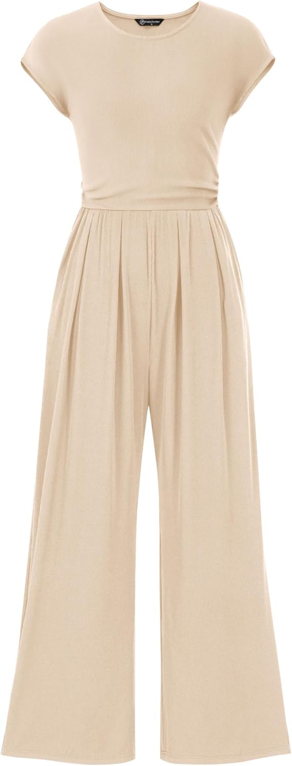 PRETTYGARDEN Summer Jumpsuits for Women Dressy Ribbed Cap Sleeve Wide Leg Pants Rompers Elegant Casual One Piece Outfits - (color: Apricot, size: Medium)