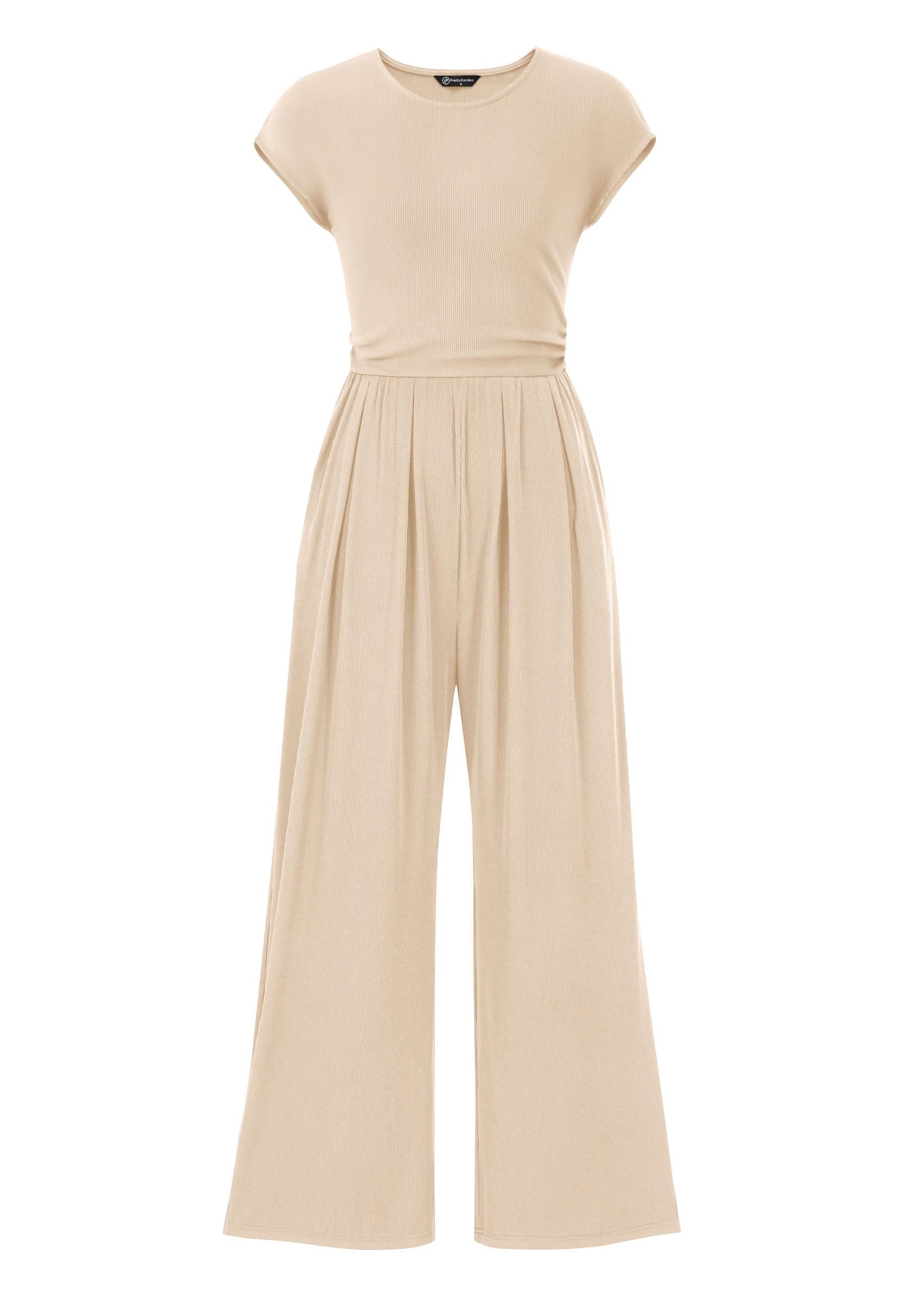PRETTYGARDEN Summer Jumpsuits for Women Ribbed Cap Sleeve