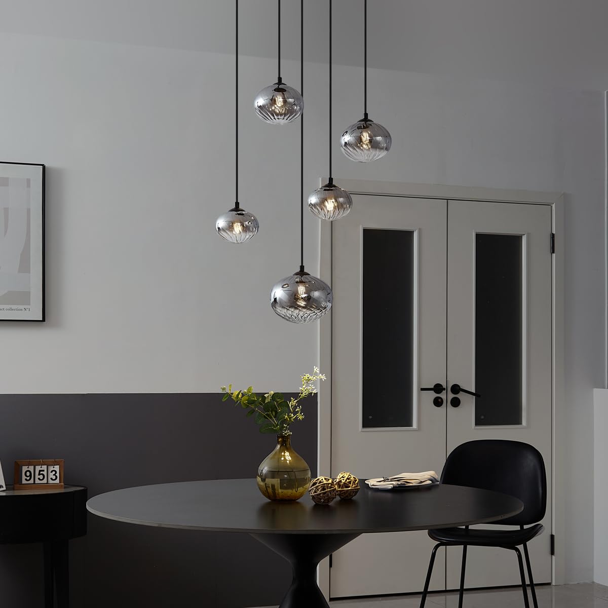 Qazqa Esstisch Modern Pendelleuchte, Pendellampe - Jia - Schwarz mit Rauchglas, Rund, 5-flammig, 58cm, Ideal als Esszimmerlampe und