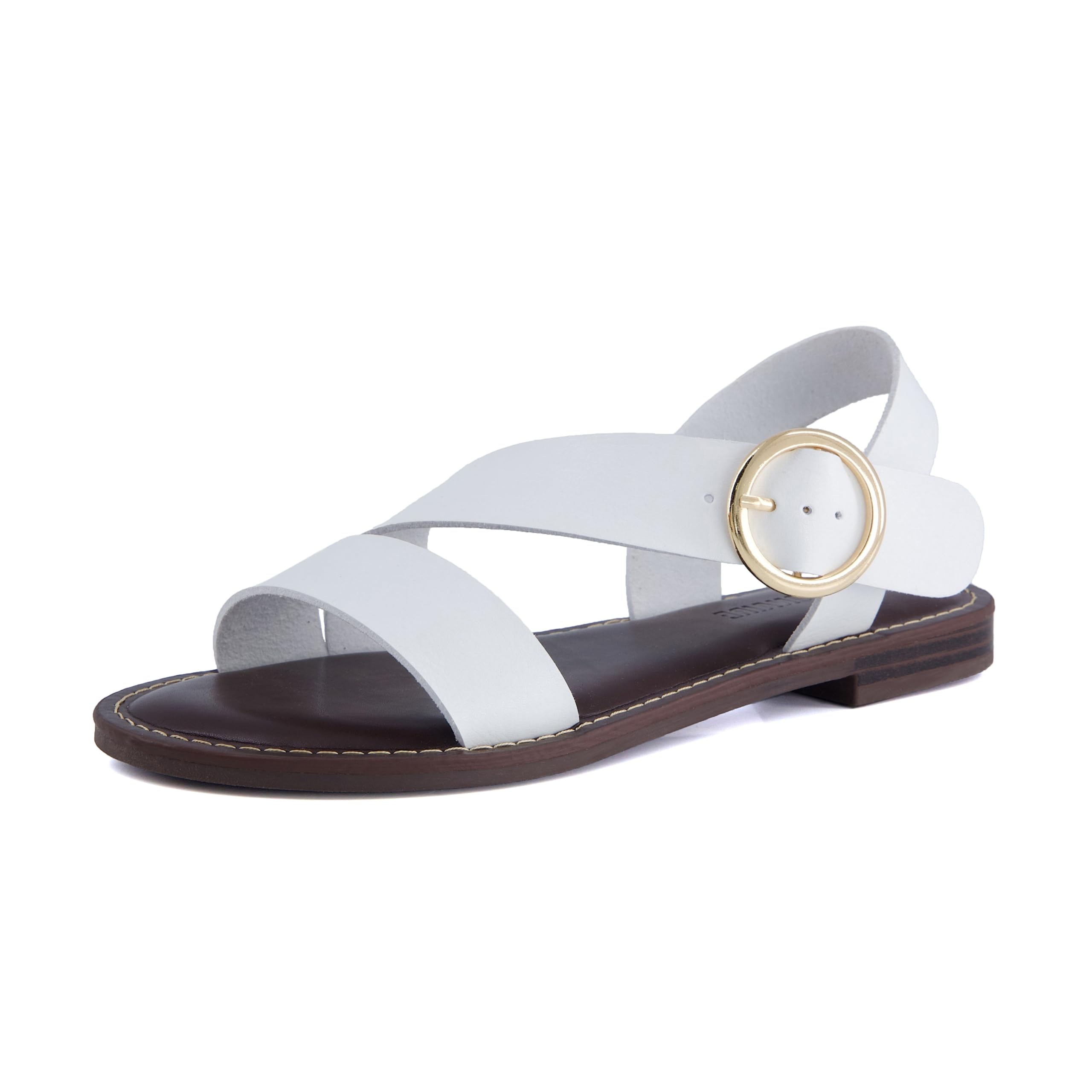 CUSHIONAIRE Lisbon Strappy Flat Sandals for Women with Adjustable Ankle Strap and Stylish Bold Buckle Accent Dressy Sandals