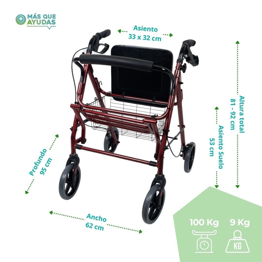 Mobiclinic Colón, Deambulatore con seduta a 4 ruote, Pieghevole e regolabile , Bordeaux