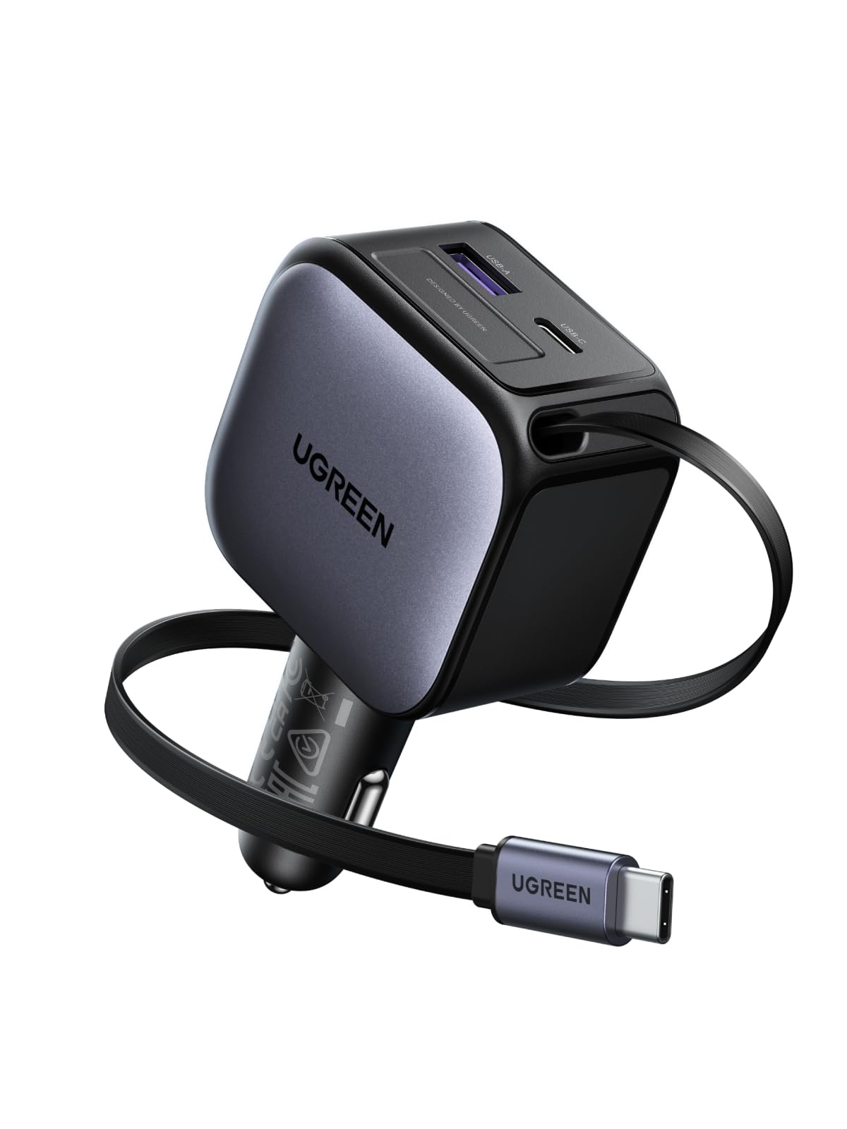 UGREEN Retractable Car Charger 60W with Built-in 30W USB-C Cable (2C1A)
