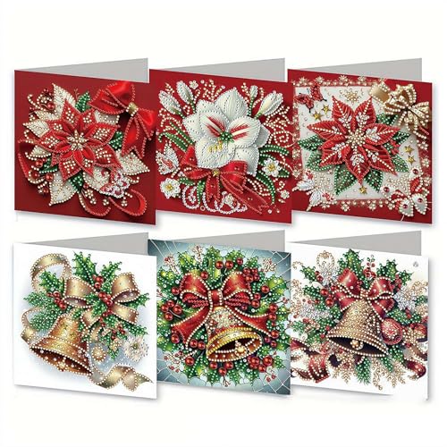 6 Pack DIY Diamond Art Painting Greeting Card Kit Christmas, 5D Diamond Art Christmas Birthday Holiday Foldable Thank You Cards Blessing Greeting Card, Art Crafts Kit Creative Envelope