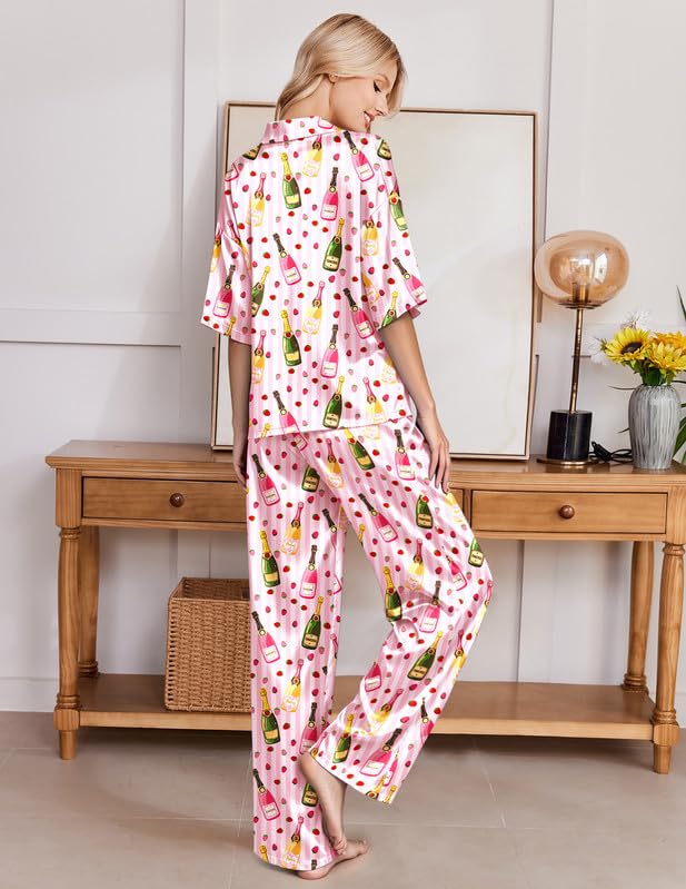 Image of Ekouaer Silk Satin Pajamas Set Women Short Sleeve Pj Sets Button Down Sleepwear 2 Piece Soft Loungewear S-XXL