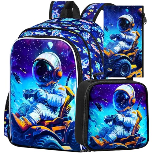 Image of CCJPX 3Pcs Astronaut Backpack for Boys, 16 inch Space Kids Bookbag with Lunch Box, Cool Water Resistant Schoolbag for Preschool Kindergarten Toddler(Blue)