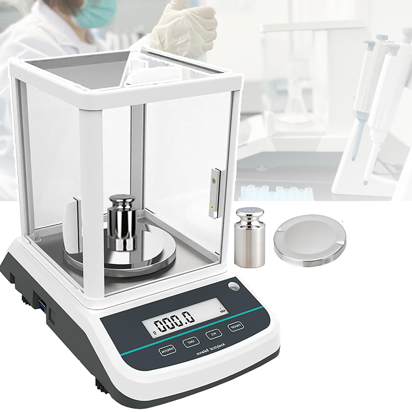 Cyfrowa waga analityczna (200/300/500g), 0,001g/precyzyjna, przód/tył z ciężarkami, podwójny wyświetlacz, automatyczna kalibracja, możliwość wydruku danych, do laboratoriów, uniwersytetów(200g)