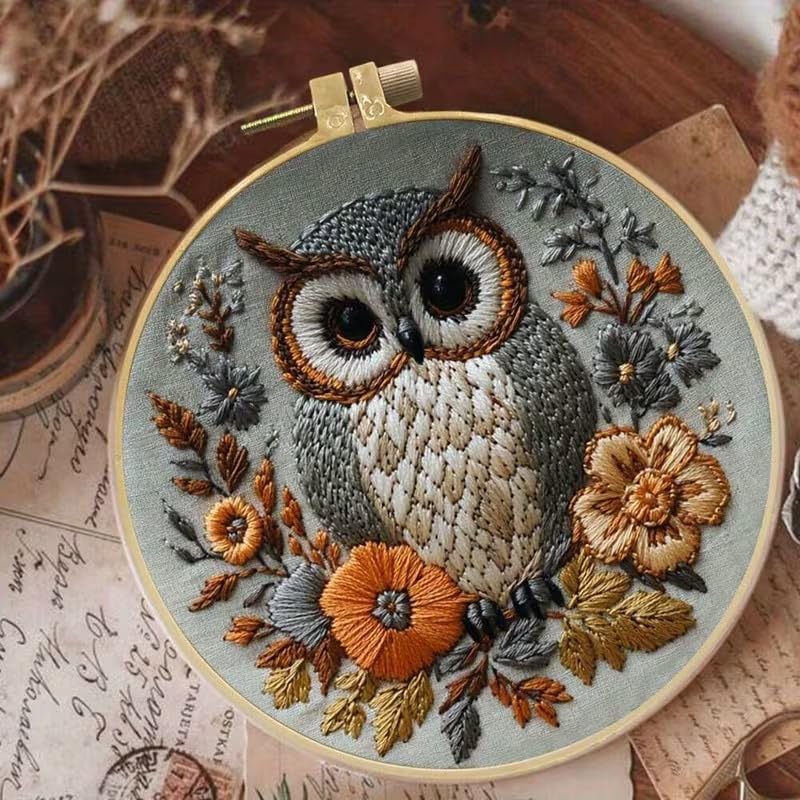 Image of Huacan Embroidery Kit for Beginners Adults Includes Stamped Owl Pattern, Hoop, Color Threads,Tools,Easy to Follow Instruction