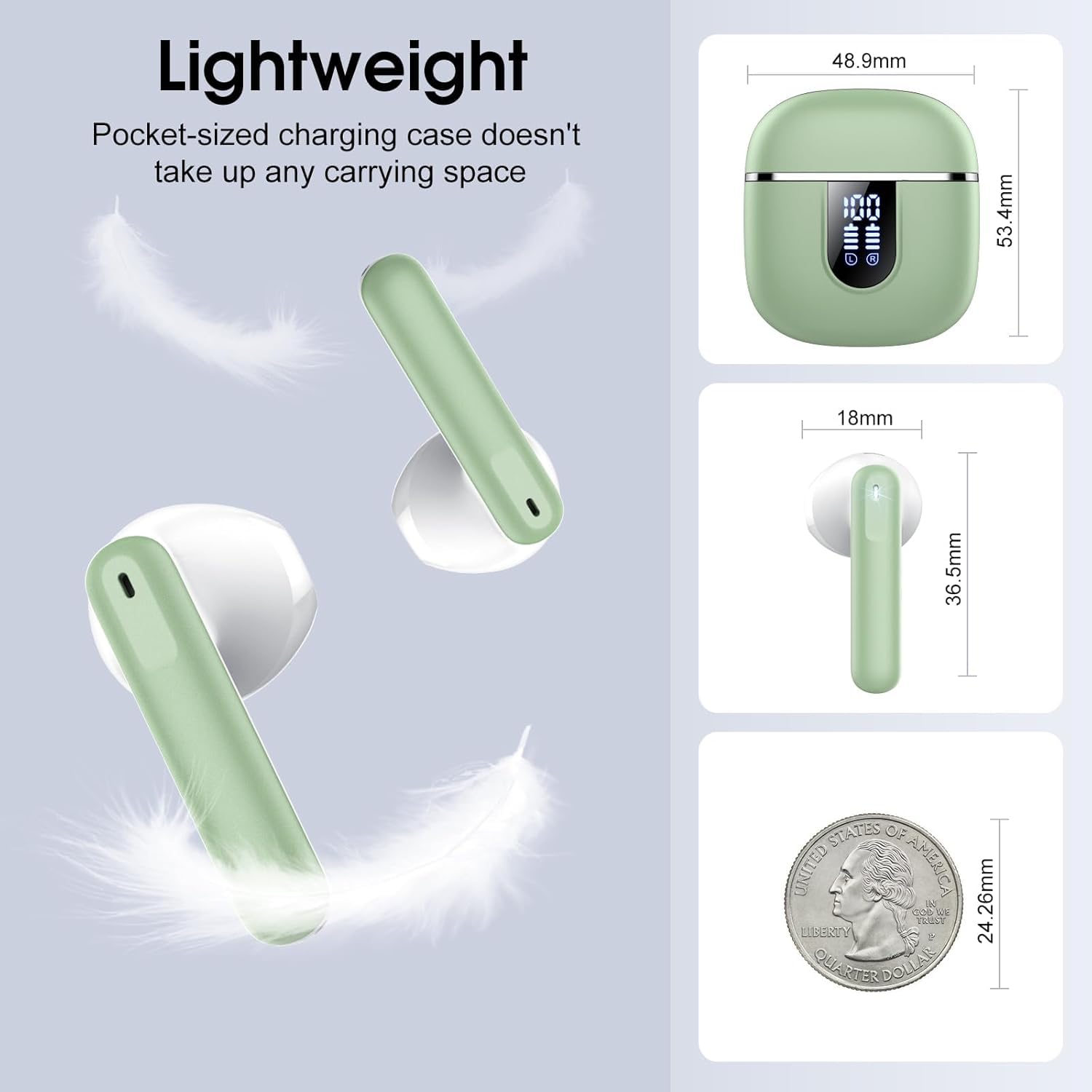 Wireless Earbuds, Bluetooth Ear Buds 5.4 Mini HiFi Stereo with 4 ENC Noise Cancelling Mics Wireless Headphones, 40H in Ear Earphones, USB C, IP7 Waterproof Bluetooth Headphones for Sports, Green — view 7