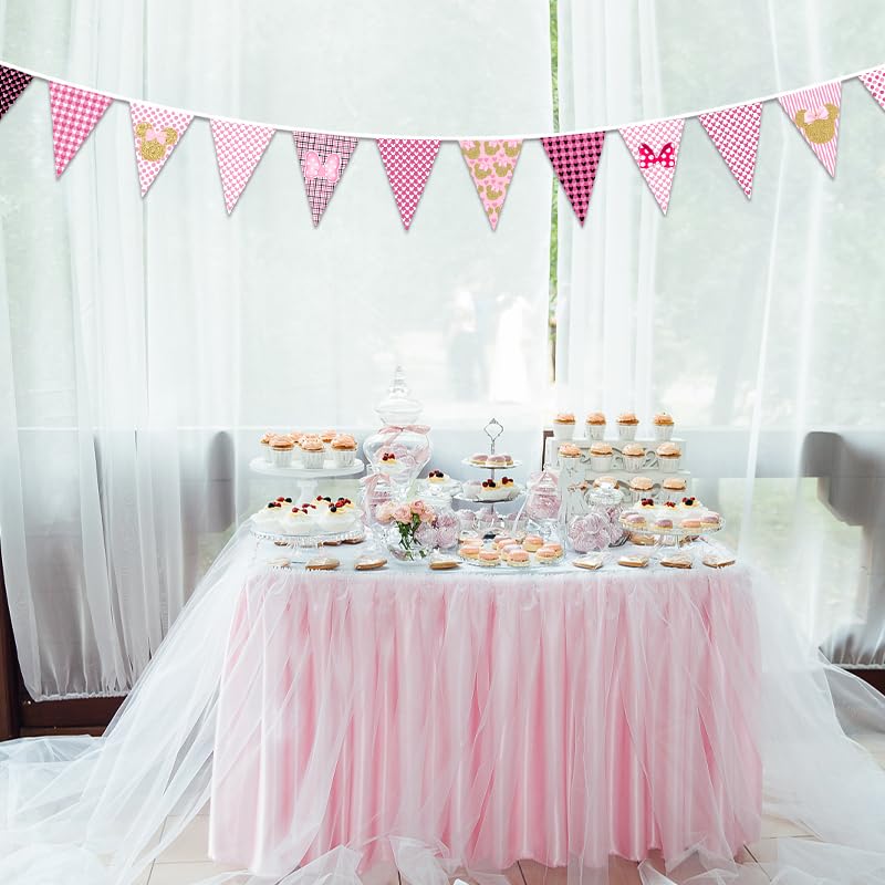 Image of Dis-ney Iconic Minnie Banner Birthday Party Decorations Pink Mouse Bday Banner for Girls, Pink And Gold Minnie Themed Mouse Inspired Happy Bday Decors, Bday Party Yard Sign