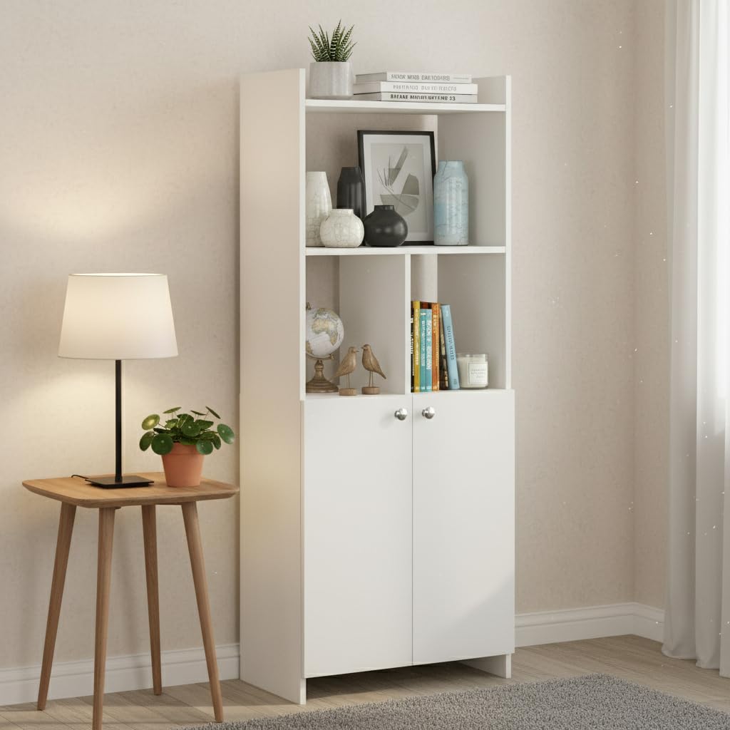 FURNEASER Prizm Modern Wooden Bookshelf with 2-Door Cabinet & Open Storage | Multipurpose Bookcase for Living Room, Bedroom & Office | Engineered Wood, 141 x 57 x 32 cm – White Finish-image-22