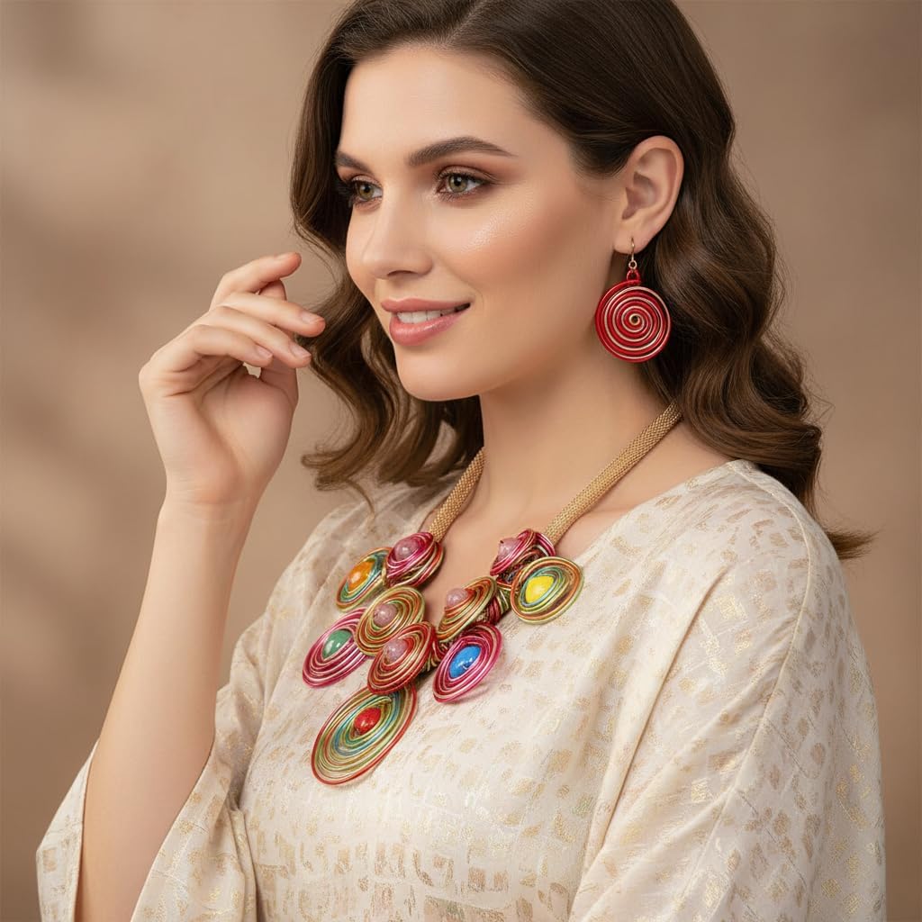 Colorful Spiral Wire Jewelry Set, Statement Necklace and Earrings with Multicolor Crystal,Rose Gold Chain - Image 8