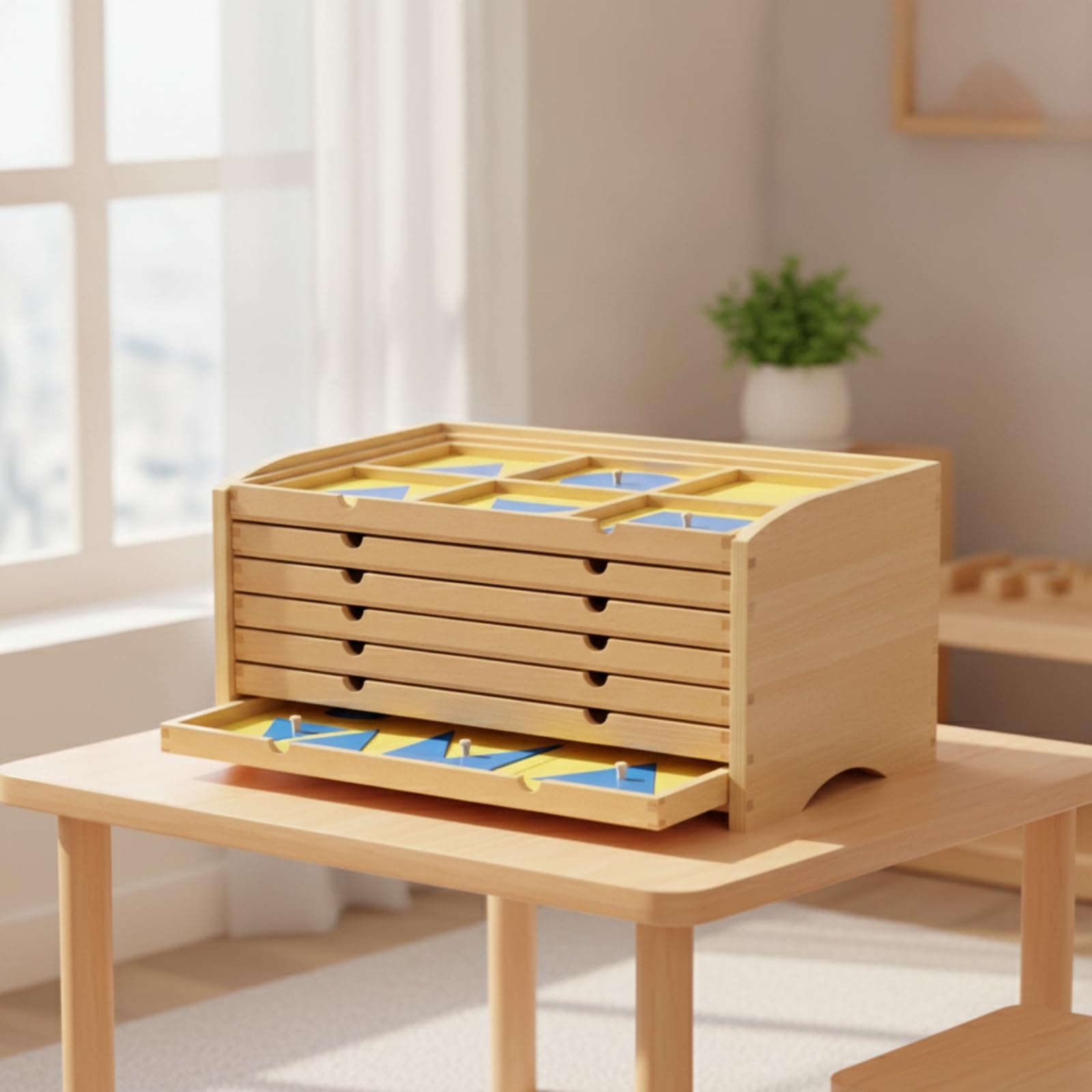 Geometrico Cassettiera Didattica Armadietto Educativo Mobile Educativo in Legno con Pannelli Gialli E Forme Rimovibili Adatto per Bambini Scuola Homeschooling Aula