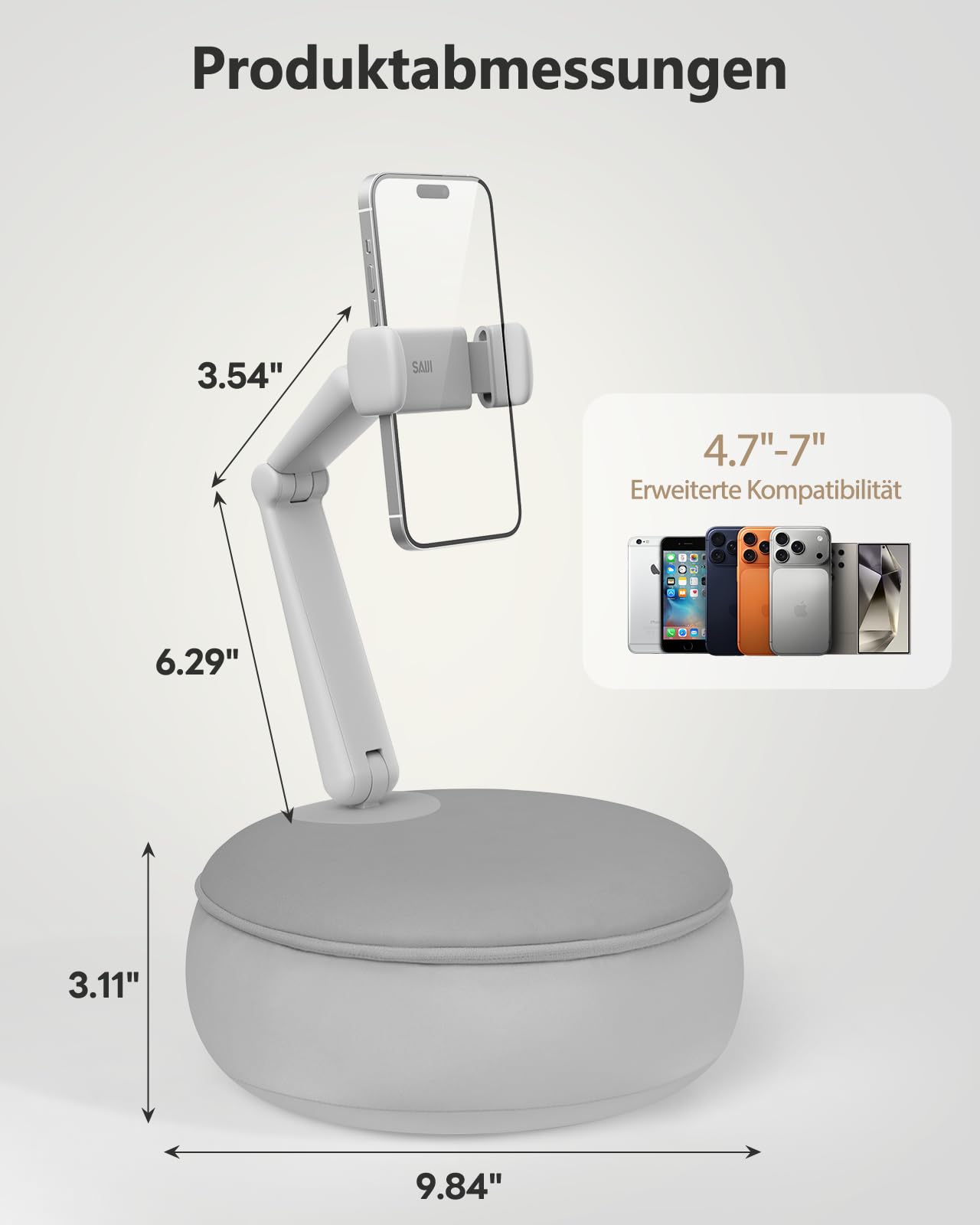 SAIJI Handyhalter fürs Bett, Verstellbarer Winkel und Höhe Handy Ständer für Videoschauen im Bett/Sofa/Schoss, Geeignet für 4.7"-7.0" Handys (Grau)