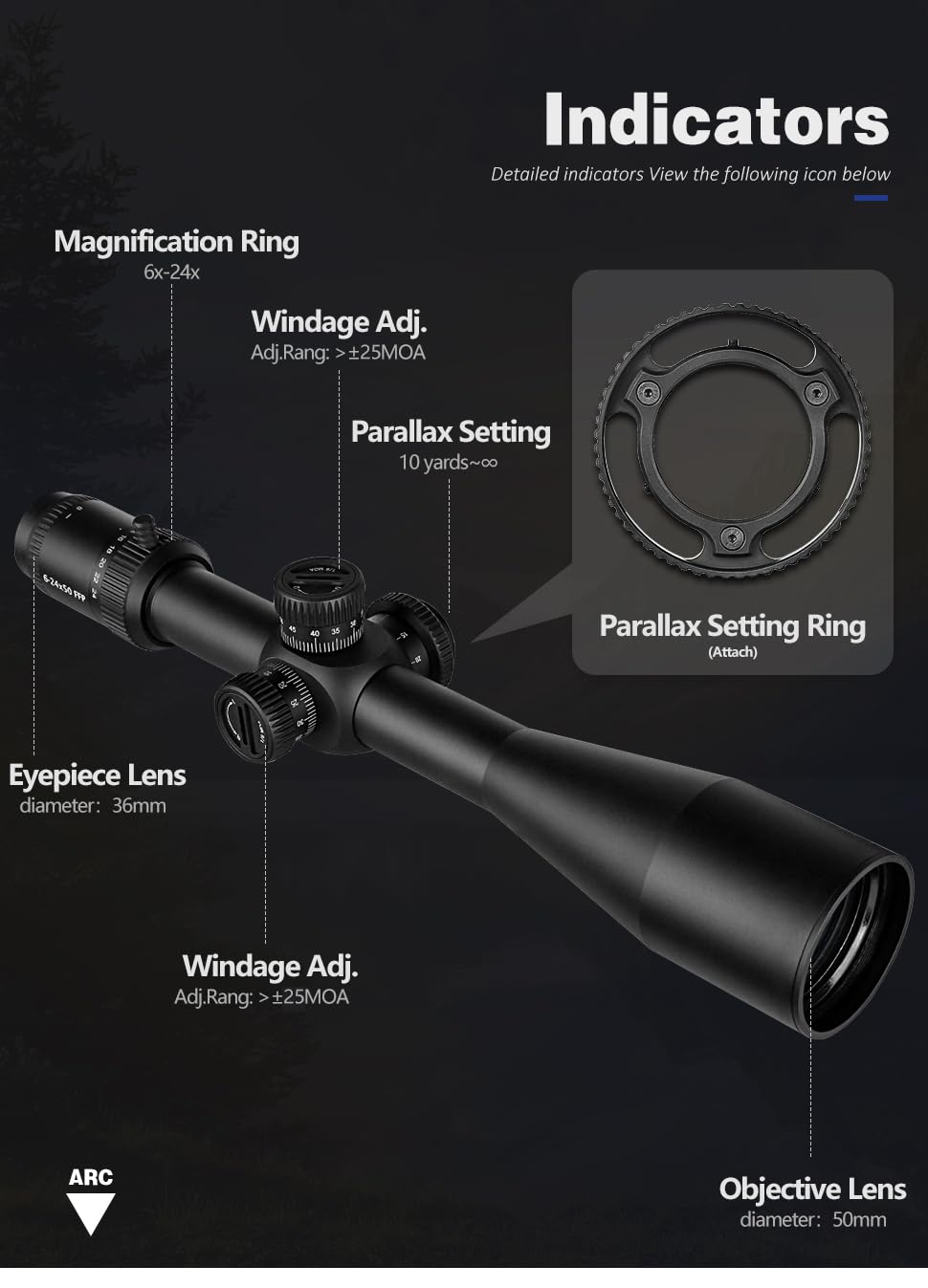 Spina OPTICS6-24x50 FFP Le Premier Focal Plane Telescopique Viseur Chasse Tir Mil Dot Réticule