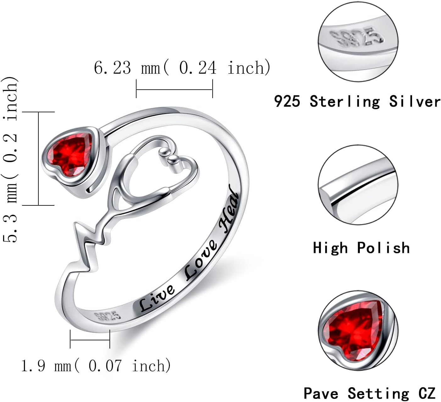 Sariel Stethoscope EKG Medicine Birthstone Stud Earrings Rings Nurses Week Gift 925 Sterling Sliver Heart Women Jewelry Gift for Medical Student Doctor Nurse