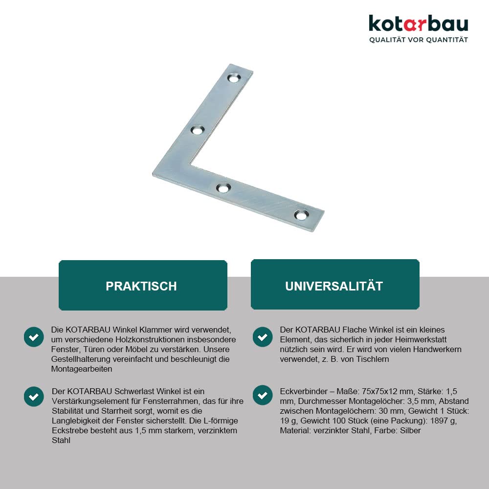 KOTARBAU® 100 x Placas de Esquina, Placas Planas en Forma de L, 75x75 Conector Angular, Conector de Esquina, Placa Perforada, Placas de reparación 90º, Conectores Planos, Pletinas, Soportes de Acero