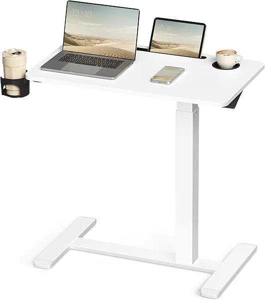 VASAGLE Overbed Table with Wheels, Mobile Standing Computer Desk, 27.6 x 15.7 Inches Tabletop, Adjustable Height, 2 Cup Holders, Phone and Tablet Slot, Cloud White ULSD600W01