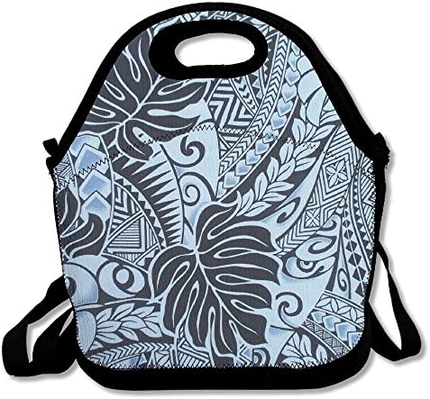 Fabric Polynesian Tattoo Tapa Designs In Blue Monster Insulated Lunch Bag - Neoprene Lunch Bag - Large Reusable Lunch Tote Bags For Women, Teens, Girls, Kids, Baby, Adults Portable Carry
