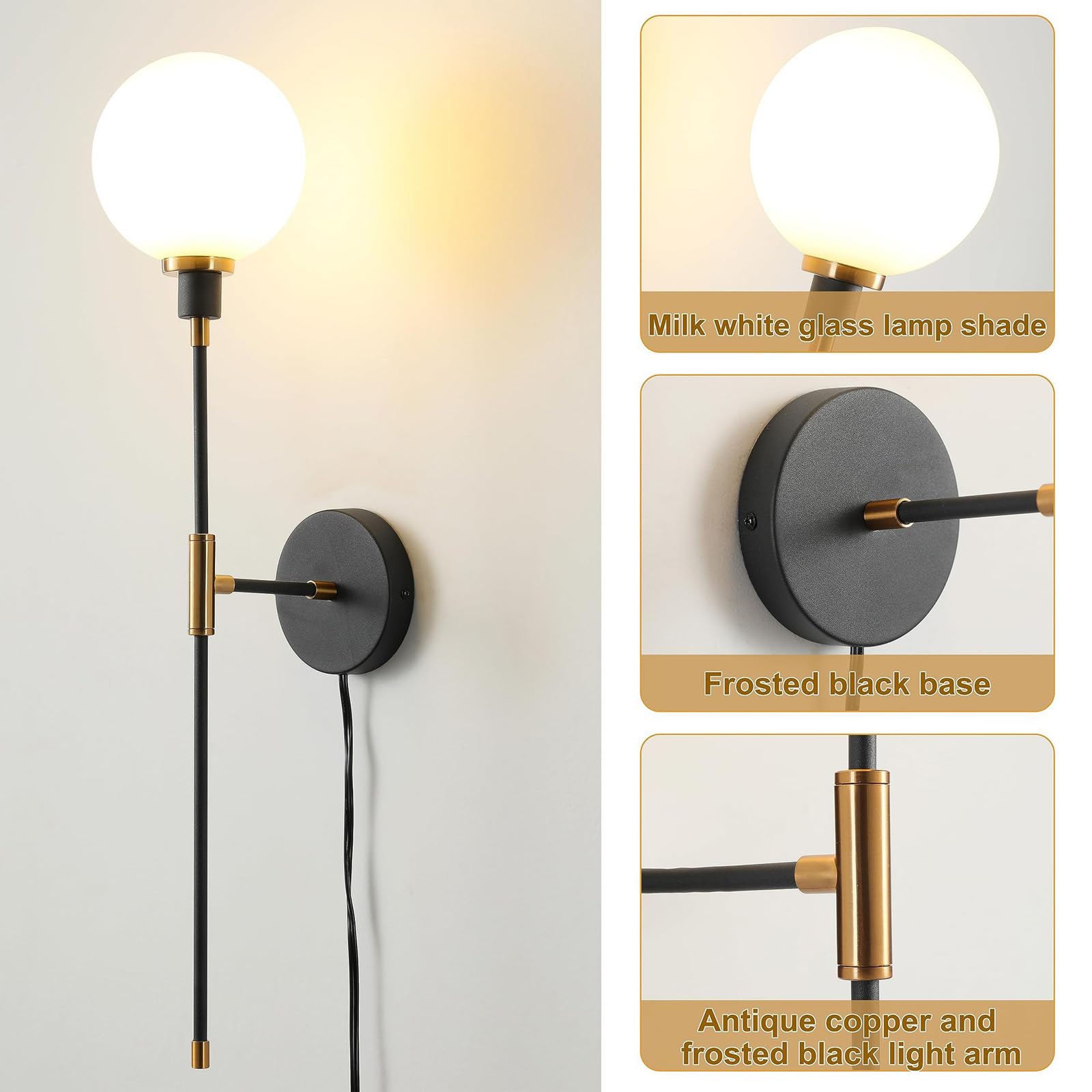 Vintage Industrial Wandlampe mit Schalter und Stecker Innen Wandleuchte mit Kabel Steckdose Wandbeleuchtung Glaskugel Schwarz Metall G9 für Wohnzimmer Schlafzimmer Loft (D,1 Stück)