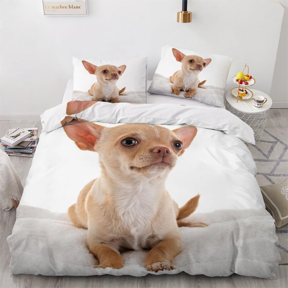 Komplet pościeli ze szczeniakiem, 220 x 240 cm, Chihuahua, poszewka na kołdrę z zamkiem błyskawicznym i 2 poszewki na poduszkę 80 x 80 cm, 3-częściowy zestaw pościeli z miękkiej mikrofibry, na łóżko
