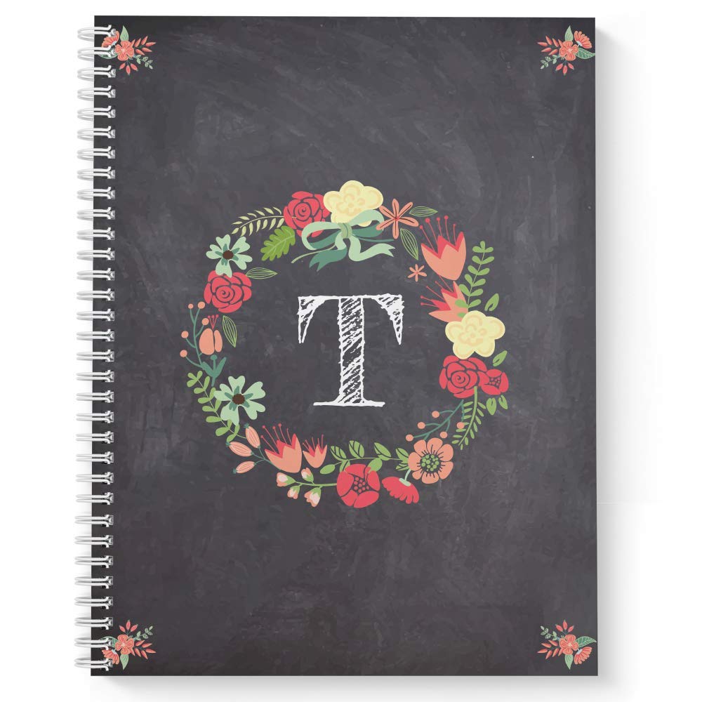 Floral Wreath Monogram "T" Notebook/Journal, Laminated Soft Cover, 120 Wide Ruled pages, lay flat wire-o spiral. Size: 8.5” x 11”. Made in the USA