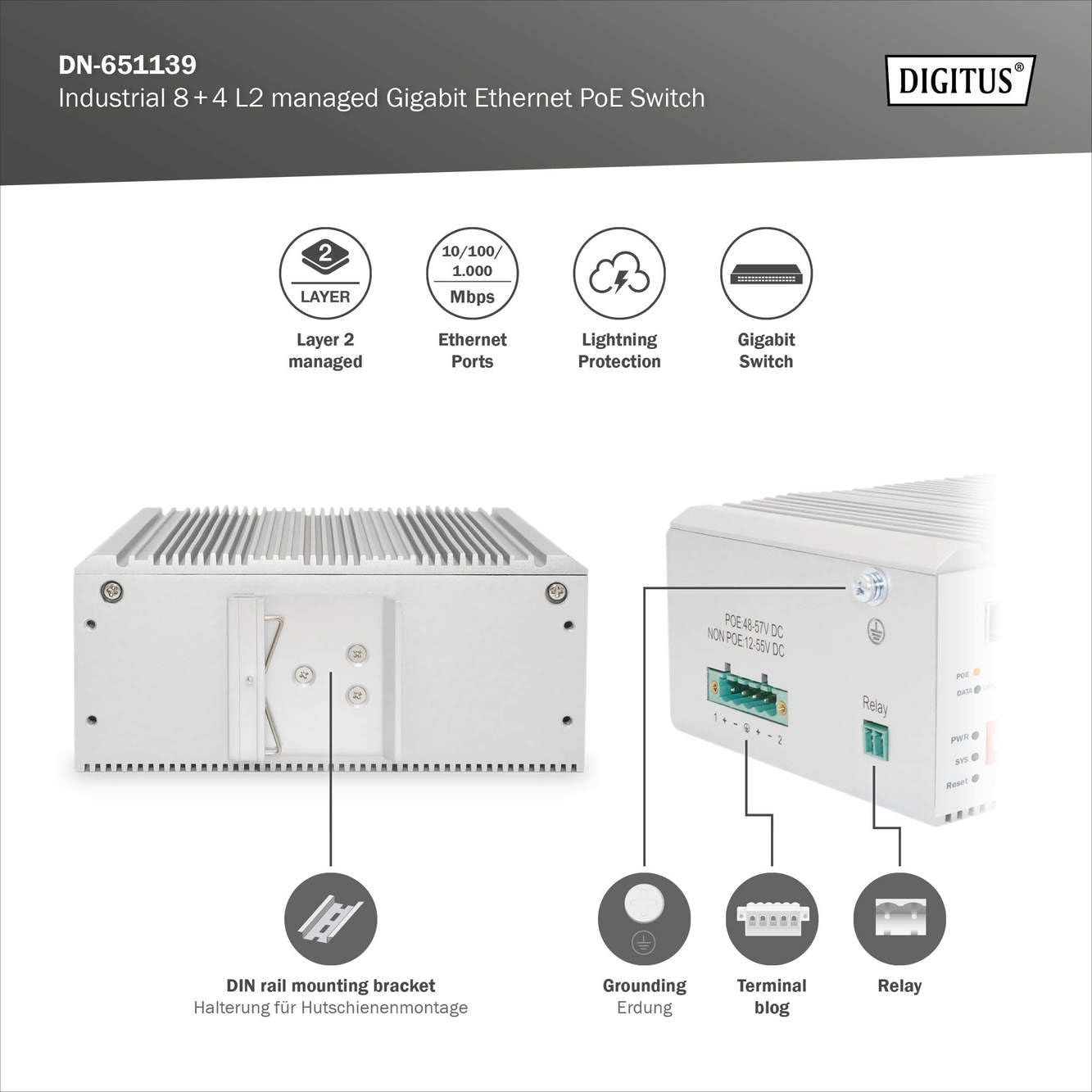Digitus 8 Port Gigabit Ethernet Netzwerk PoE Switch Industrial L2 managed 4 SFP Uplink – Bild 3