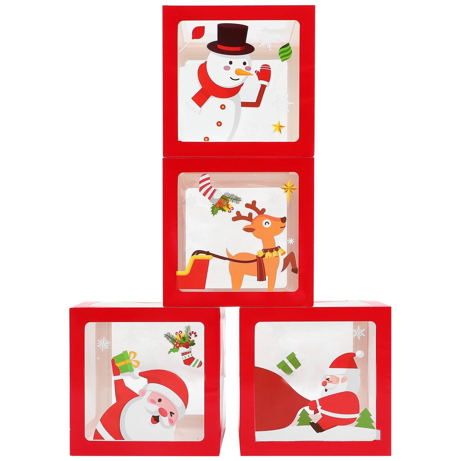 Christmas Balloon Box Set with 4 Xmas Party Balloon Boxes and 4 Static Cling Stickers Decorations for Holiday Photography Props and Festive Party Centerpieces