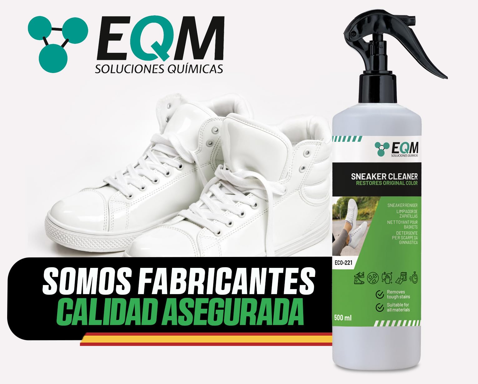 EQM - ECO-221 - Limpiador de Zapatillas - 500 ML - Fórmula Profesional para Cuero, Lona y Malla - Limpia en Profundidad, Renueva y Protege las Zapatillas