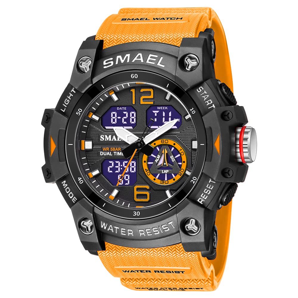 AIMES Men's Watches Outdoor Sports Waterproof Military Watch Tactical Digital Analog Wrist Watch Date Multi Function Led Large Face Alarm Stopwatch for Man orange, C Orange