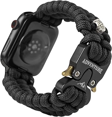 Paracord Band Compatible with Apple Watch Band 42mm 44mm 45mm, Robust Survival Tactical Weave Strap Paracord with Stainless Steel Buckle Quick Release for iWatch Series SE 7 6 5 4 3 2 1 for Men Black-S