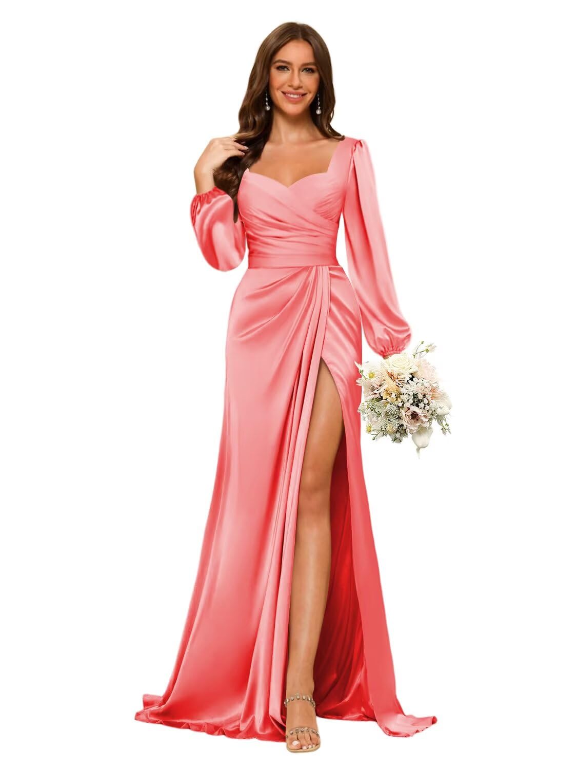 Dessiny Lantern Sleeves Satin Bridesmaid Dresses for Women with Slit V Neck Pleated Maxi Formal Dress DE214