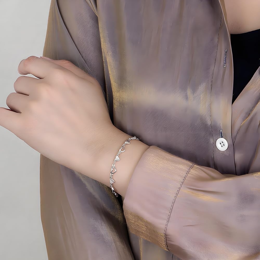 925 Sterling Silver Solid & Hollow Heart Link Chain Bracelet for Women, Adjustable 6.7"-7.9" with Lobster Claw Clasp - Image 2